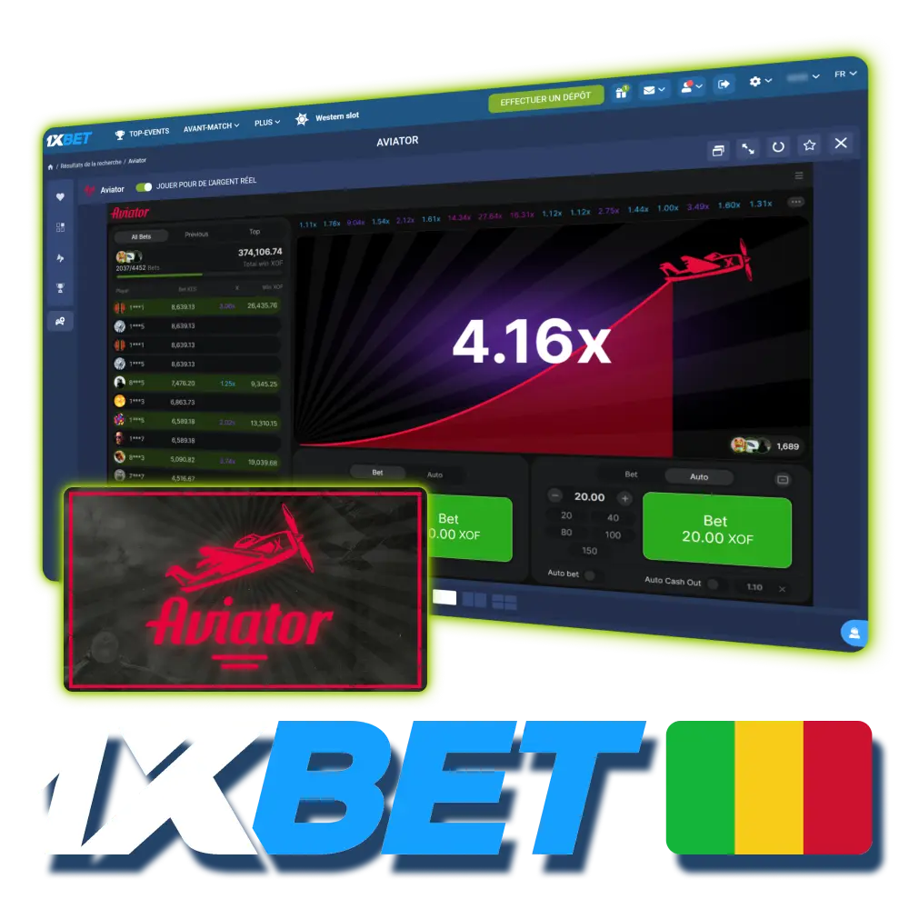 Essayez le jeu de casino facile Aviator sur 1xBet Mali officiel.