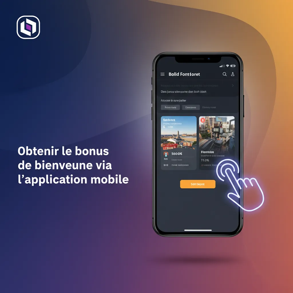 Écran de smartphone montrant l’app: inscription, dépôt, choix du bonus Sport/Casino et suivi des exigences de mise.