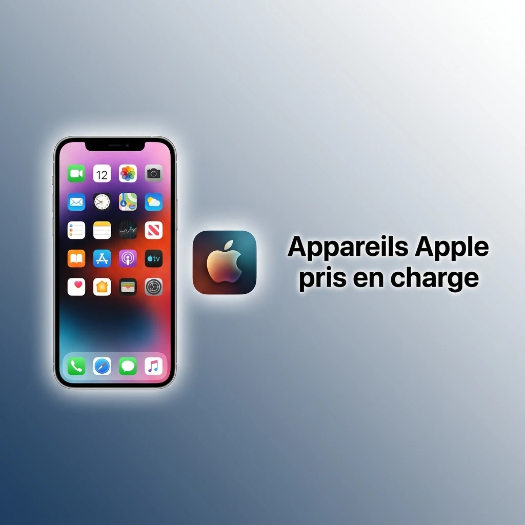 Liste des appareils Apple pris en charge, incluant les modèles iPhone 11 à 15, iPad Pro et iPad Air.